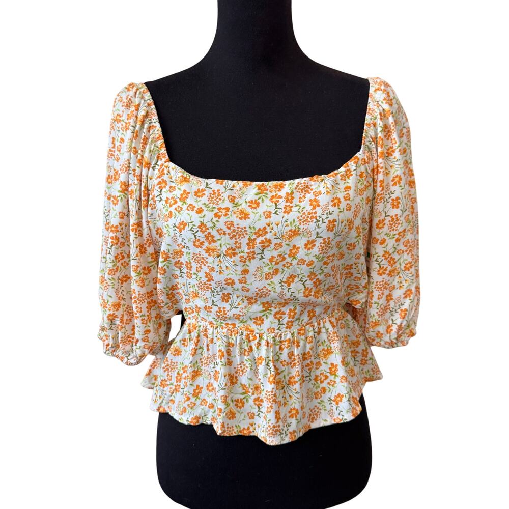 New LUSH NORDSTROM Women's Puff Sleeve Ruffle Hem Tie-Back Floral Blouse Size L